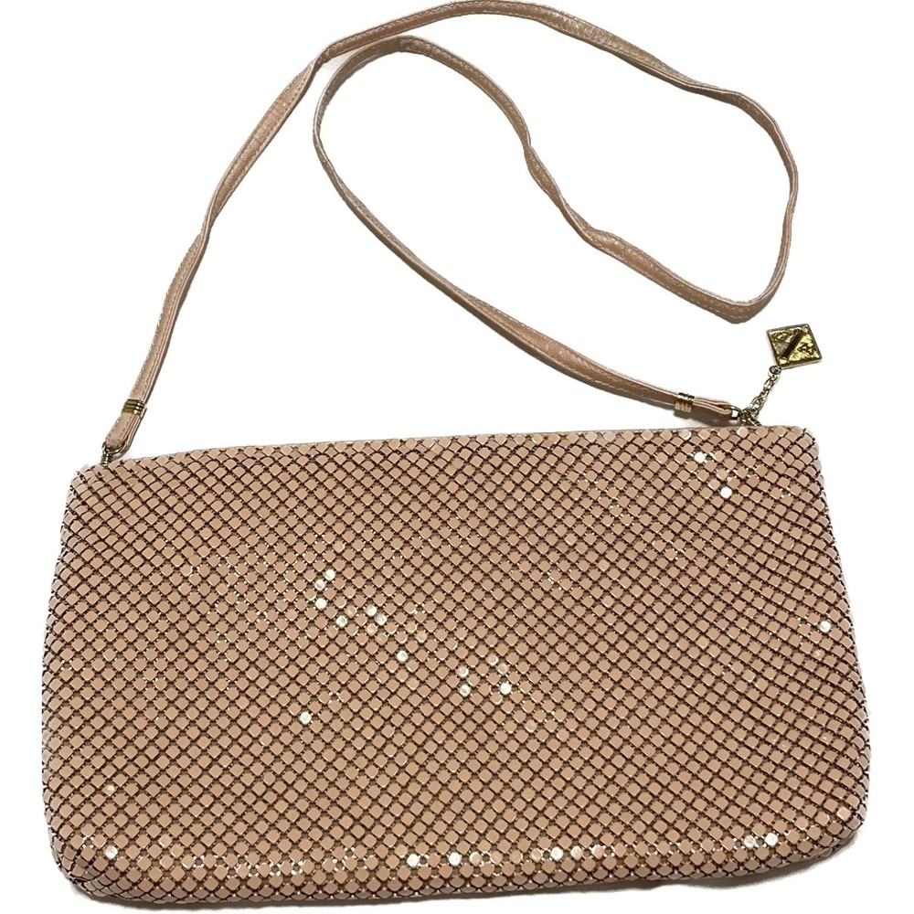 Vintage Whiting & Davis Blush Pink Beaded Mesh Clutch Purse with Removable Strap